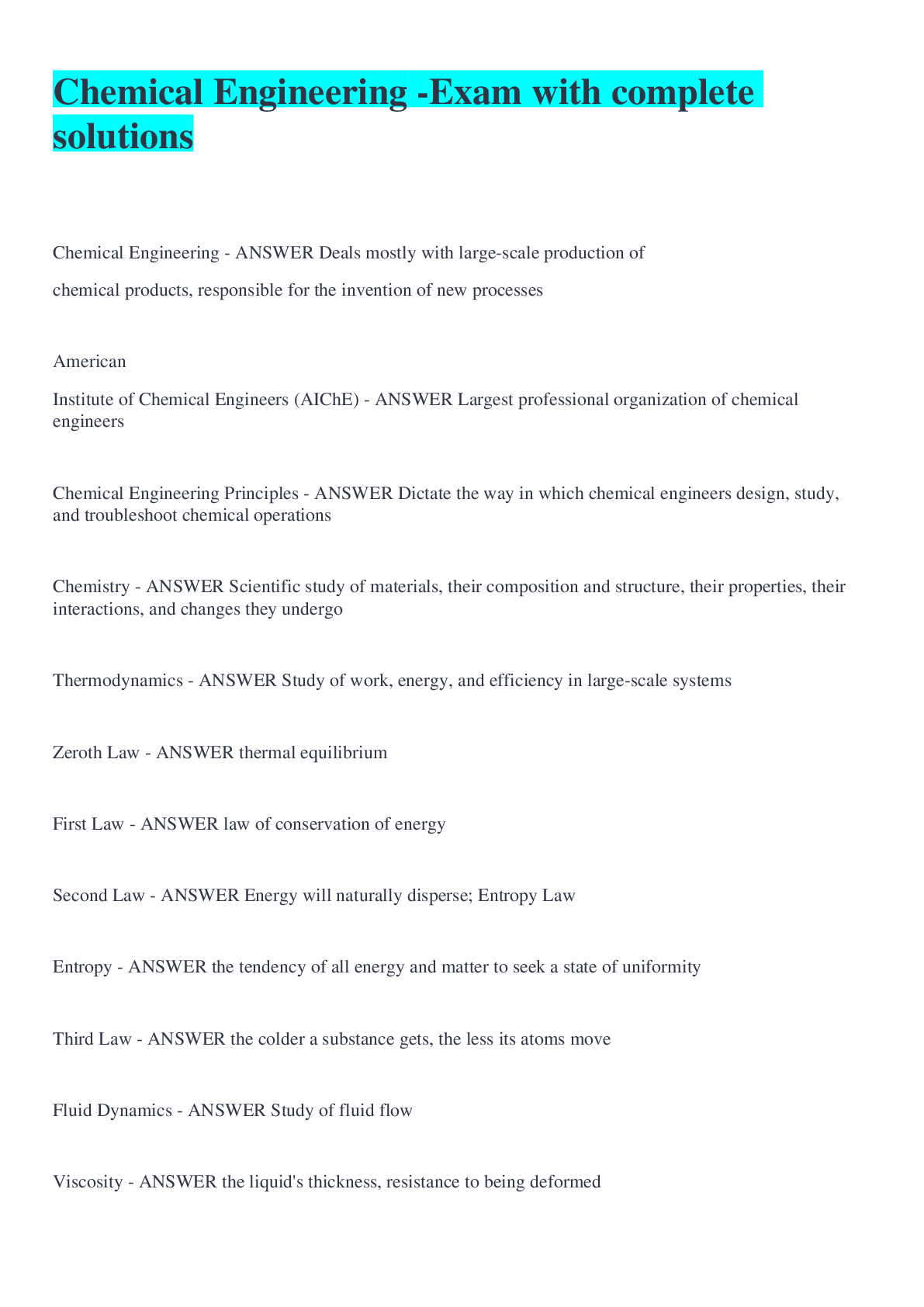 Preview image for Chemical Engineering -Exam with complete solutions